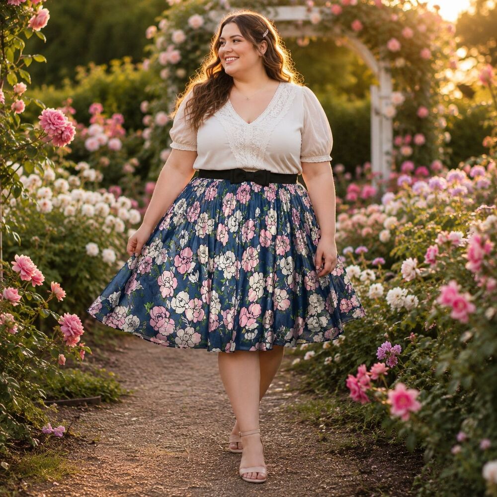 Plus Size Floral Midi Skirt 3XL Shimmery Wedding Guest Bow Waist Dreamy Twirl